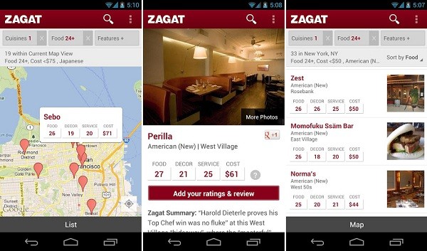 Aplicación de Android Zagat actualizada y completamente revisada por Google