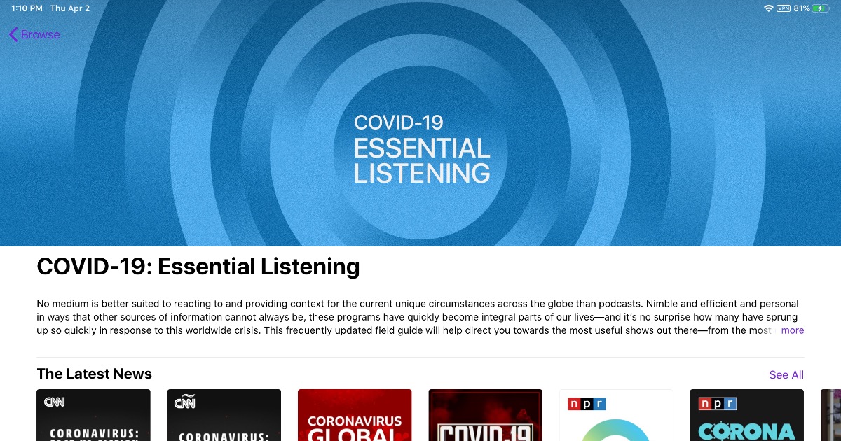 Screenshot of apple podcast’s COVID-19 section
