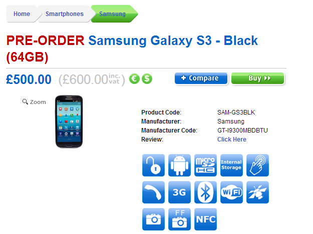 Black Galaxy S3 64GB Precio establecido en £ 600 en el Reino Unido, disponible en pre-pedido