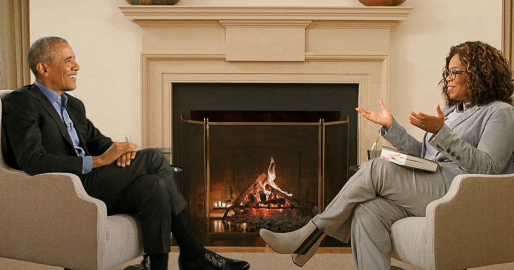 Oprah Winfrey interviewing President Barack Obama on Apple TV+