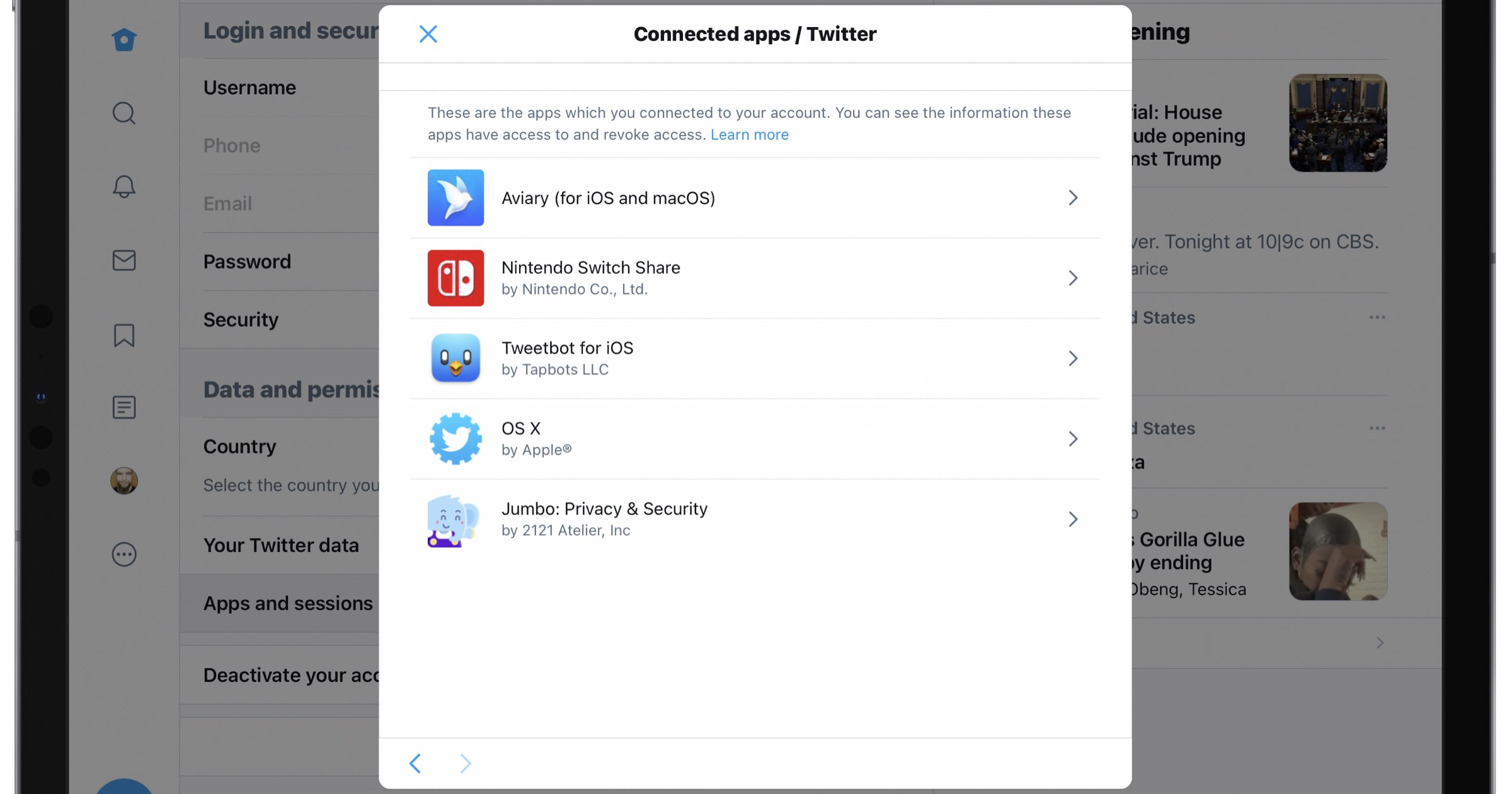 List of connected twitter apps