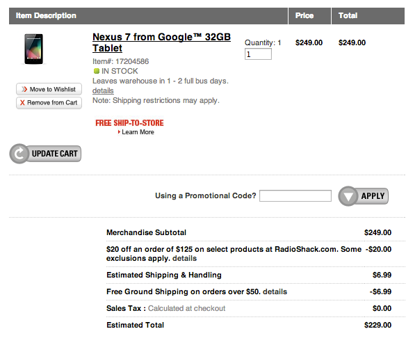 Compre Nexus 7 32 GB con $ 20 de descuento de Radioshack, pero actúe rápidamente
