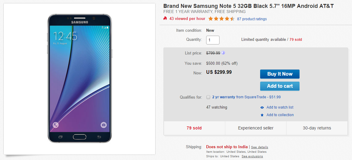 Consigue un nuevo AT&T Galaxy Note 5 por $299 solo en eBay