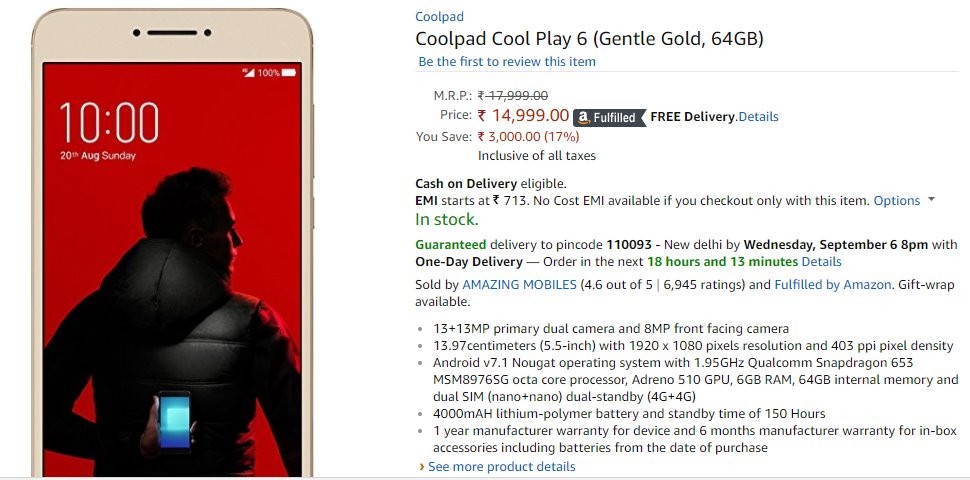 Coolpad Cool Play 6 con doble cámara trasera y 6GB de RAM sale a la venta en India por INR 14,999