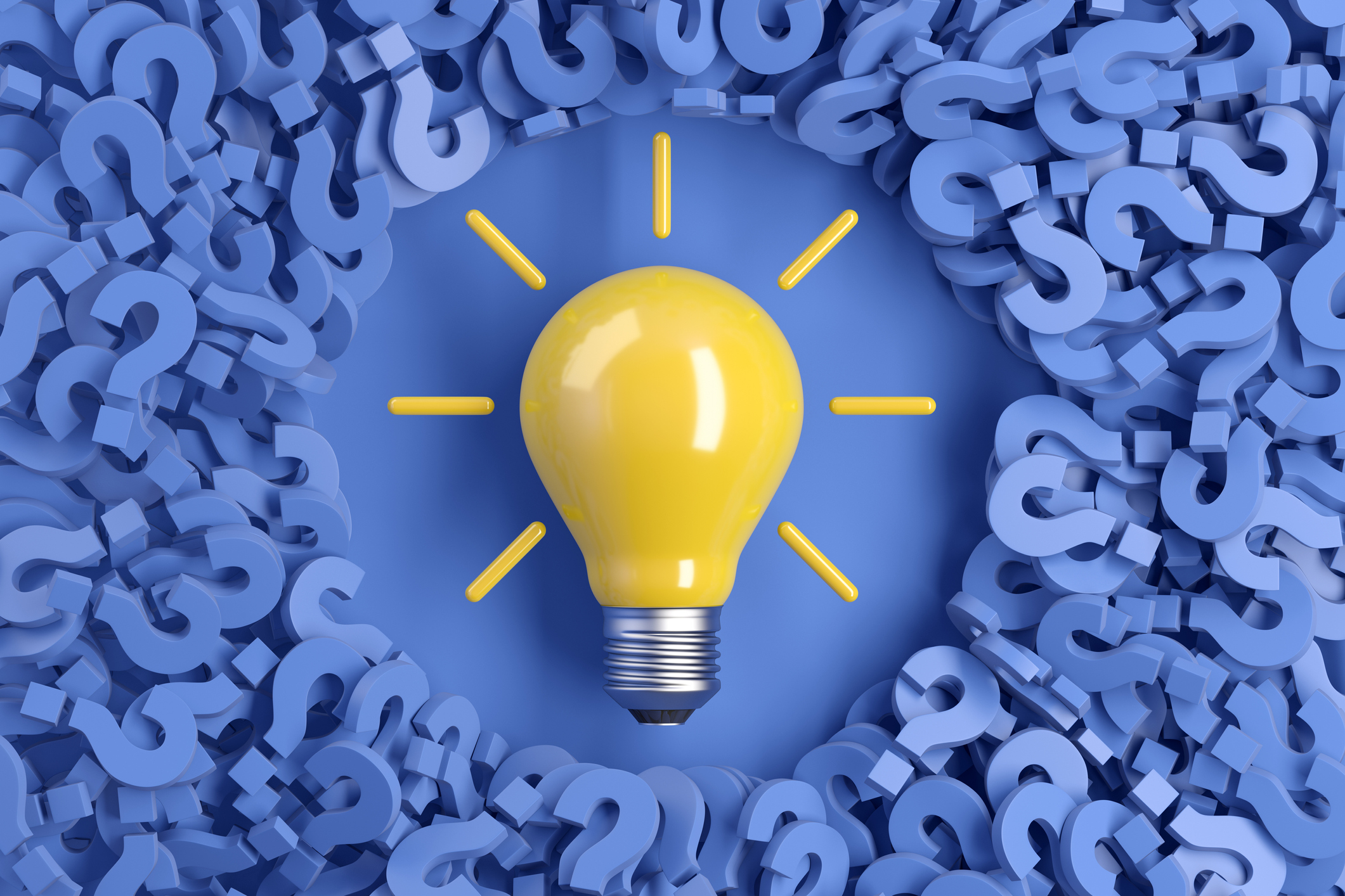 A yellow lightbulb surrounded by blue question marks.