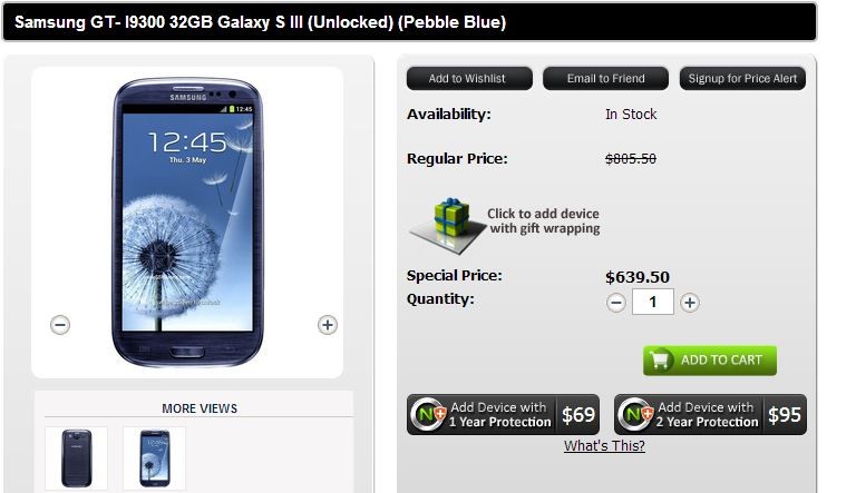 Desbloqueado Galaxy S3 32 GB El precio baja a $ 639.50 en la tienda en línea de EE. UU.
