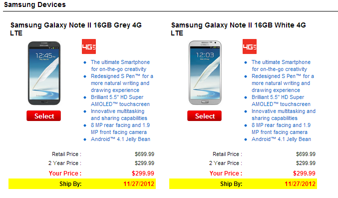 El Samsung Galaxy Note 2 de Verizon también tiene un precio de $ 299, mientras que la fecha de lanzamiento es el 27 de noviembre.