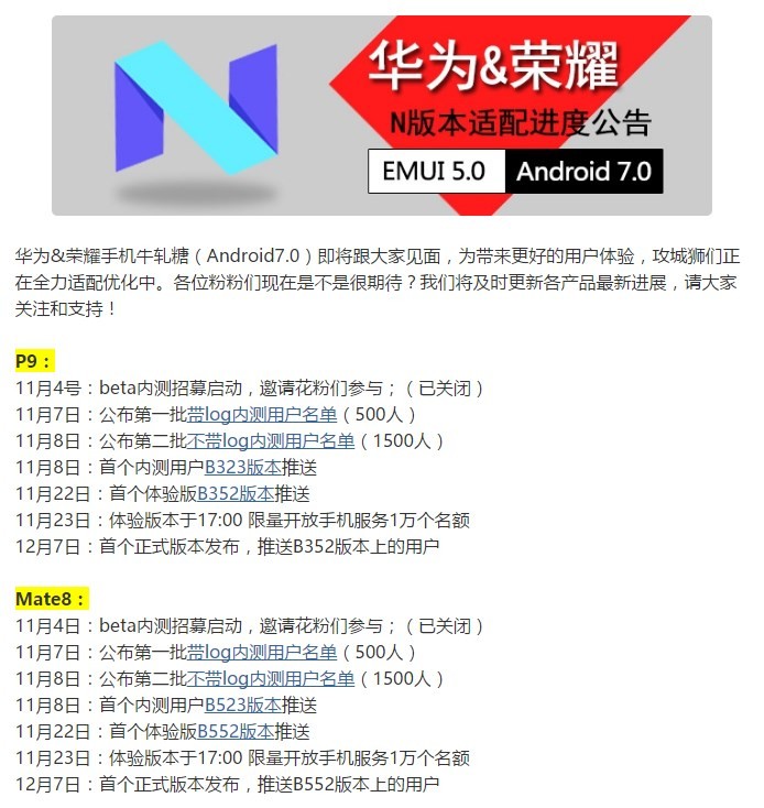 El lanzamiento de Huawei Mate 8 y P9 Nougat está programado para el 7 de diciembre, mientras que P9 Plus obtiene beta OTA el 8 de diciembre