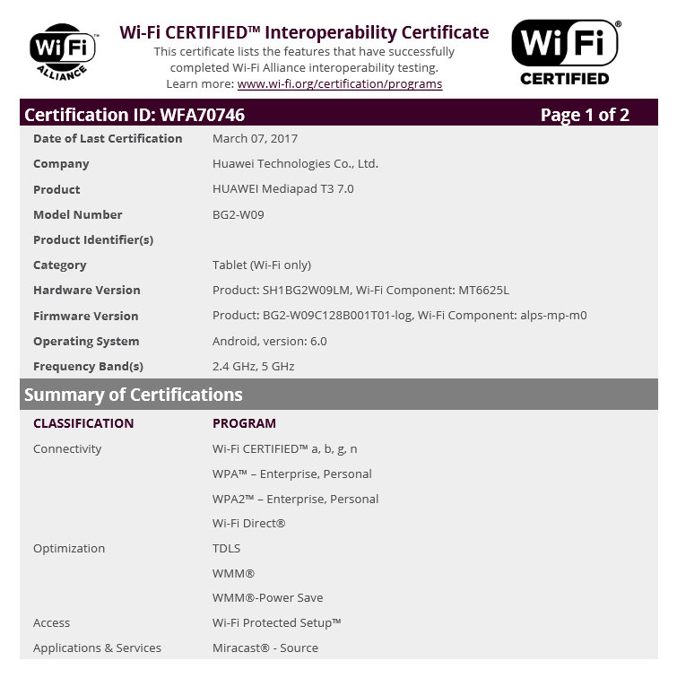 Huawei Mediapad T3 7.0 release should be close, certified by WiFi Alliance
