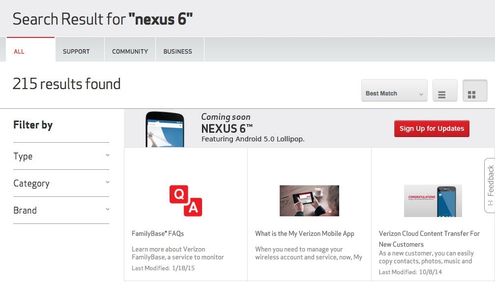 El lanzamiento de Verizon Nexus 6 está cerca, aparece como 'próximamente'