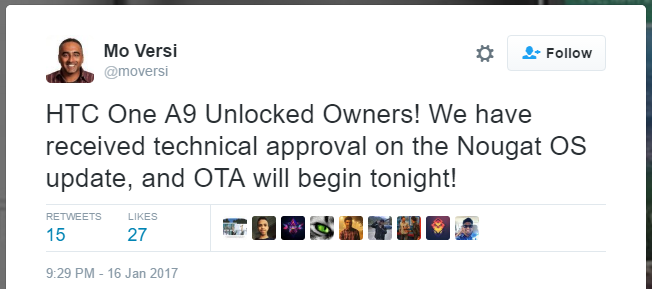 El lanzamiento de la actualización HTC One A9 Nougat comienza esta noche en los EE. UU.