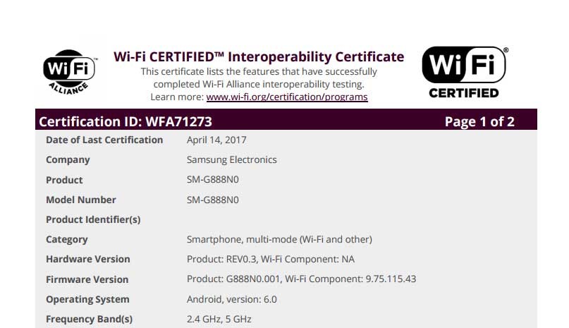 El nuevo teléfono Samsung (SM-G888N0) obtiene la certificación de WiFi Alliance