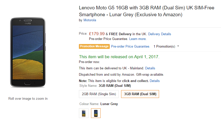 El precio de Moto G5 se establece en £ 179.99, se realiza un pedido anticipado en Amazon Reino Unido