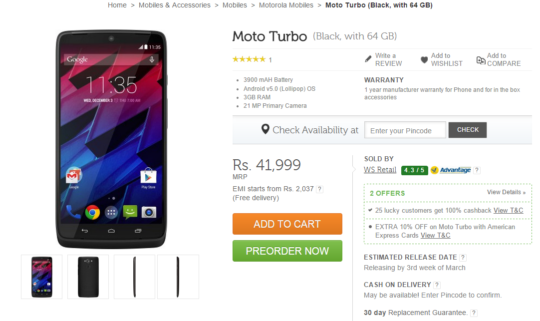 El precio de Motorola Moto Turbo se fijó en INR 41,999 en India, continúa en pre-pedido
