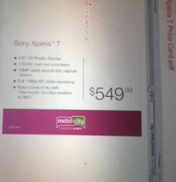 El precio del Sony Xperia T desbloqueado se fijó en $ 549 en Canadá, revela un documento interno filtrado
