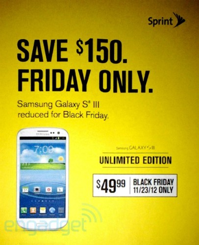 El precio del Sprint Galaxy S3 se reducirá a $50 (75% de descuento) el Black Friday