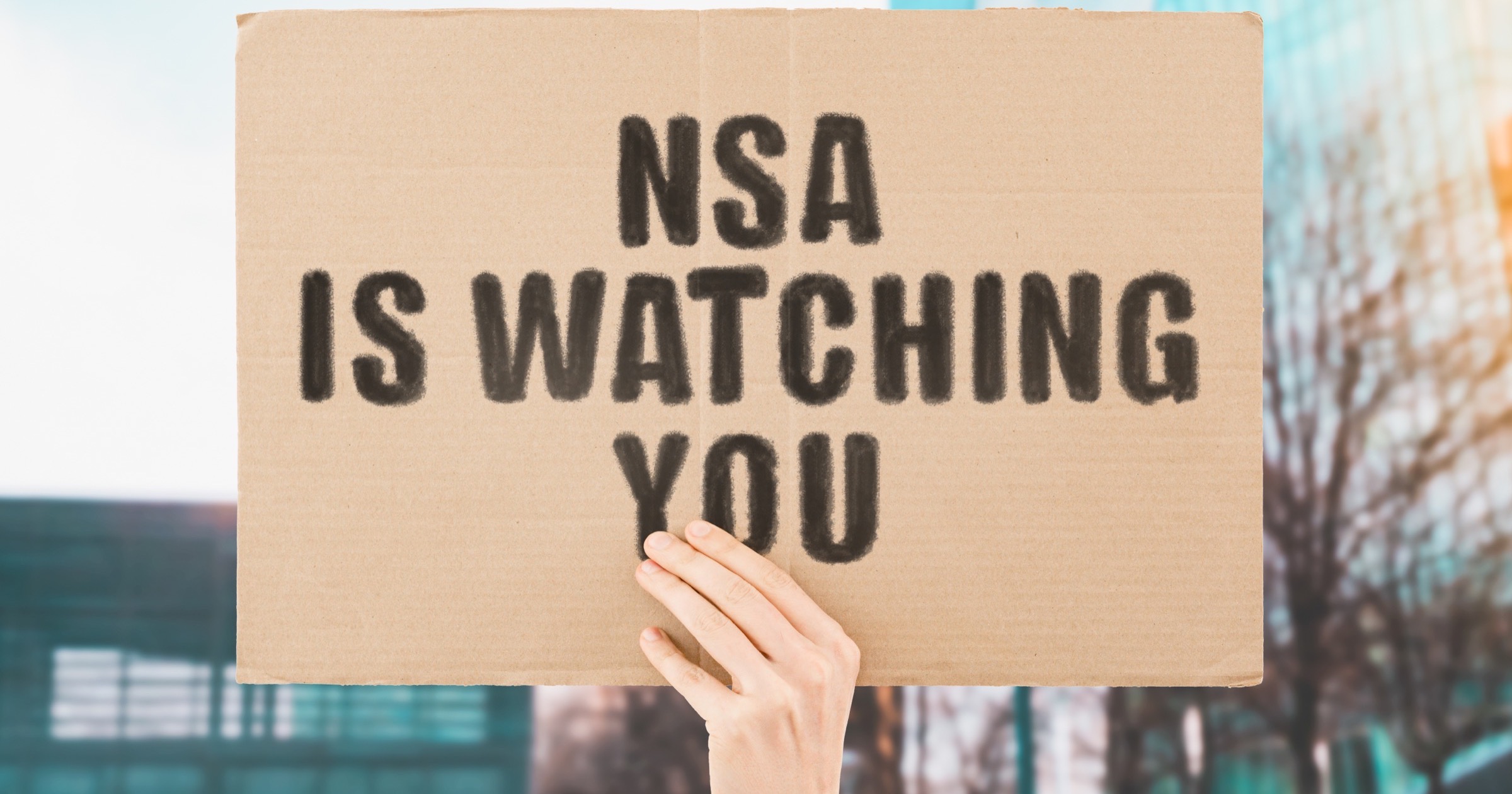 Person holding a sign that says “NSA is watching you.”