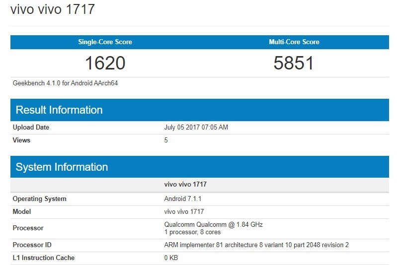 Especificaciones de Vivo X11 (1717) disponibles gracias a Geekbench, chipset Snapdragon 660 y sistema operativo Android 7.1.1 a cuestas