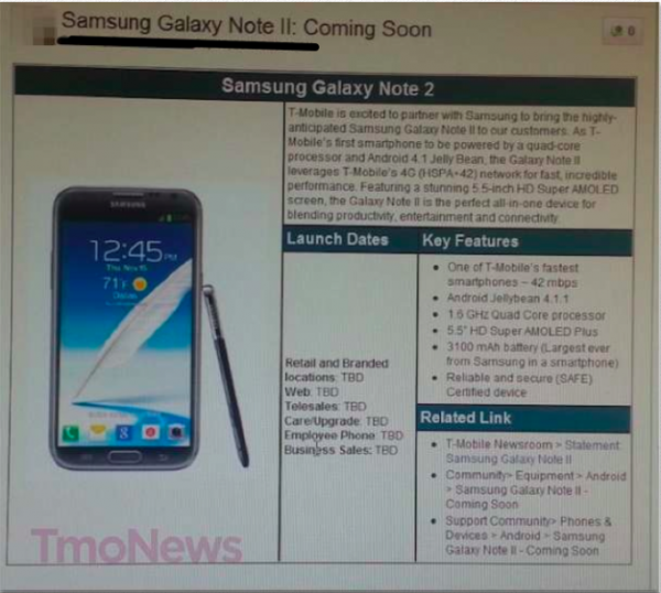 T-Mobile Galaxy Note 2 Specs