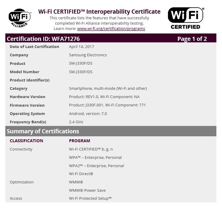 Galaxy J3 2017 (SM-J330F) certificado por WiFi Alliance