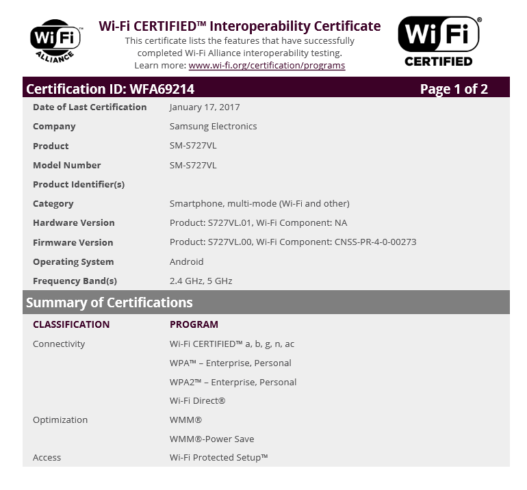 Galaxy J7 2017 (SM-S727VL) para Tracphone obtiene certificación de WiFi Alliance