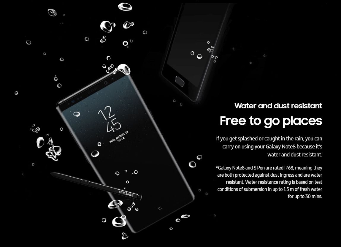 Galaxy Note 8 es resistente al agua con una clasificación IP68