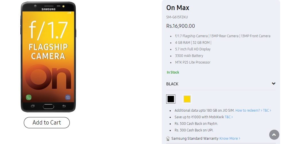 Galaxy On Max ahora disponible para comprar en India por INR 16,900 en Samsung Shop en línea
