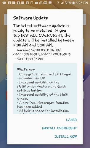 Galaxy On Nxt recibe la actualización de Android 7.0 Nougat como OTA en India