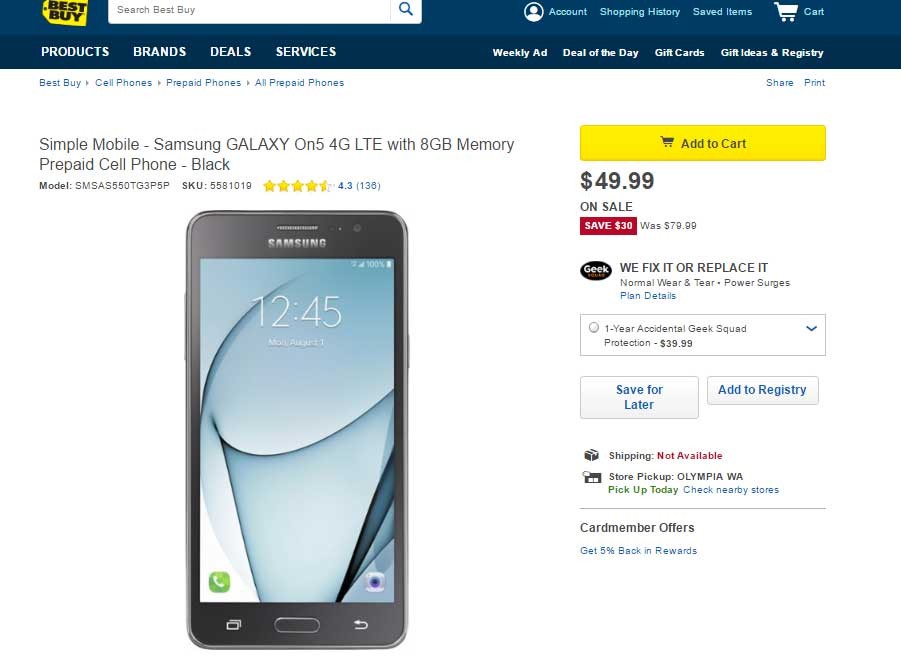 Galaxy On5 disponible por $ 50 solo en Best Buy