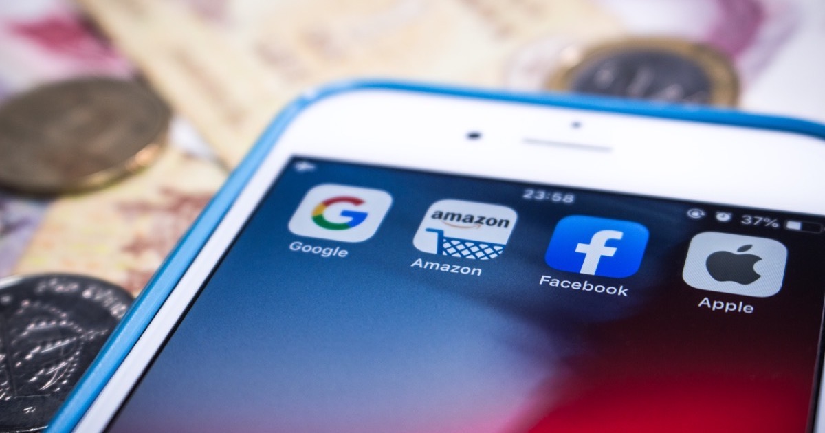 App icons to signify big tech: Amazon, Google, Facebook, Apple.