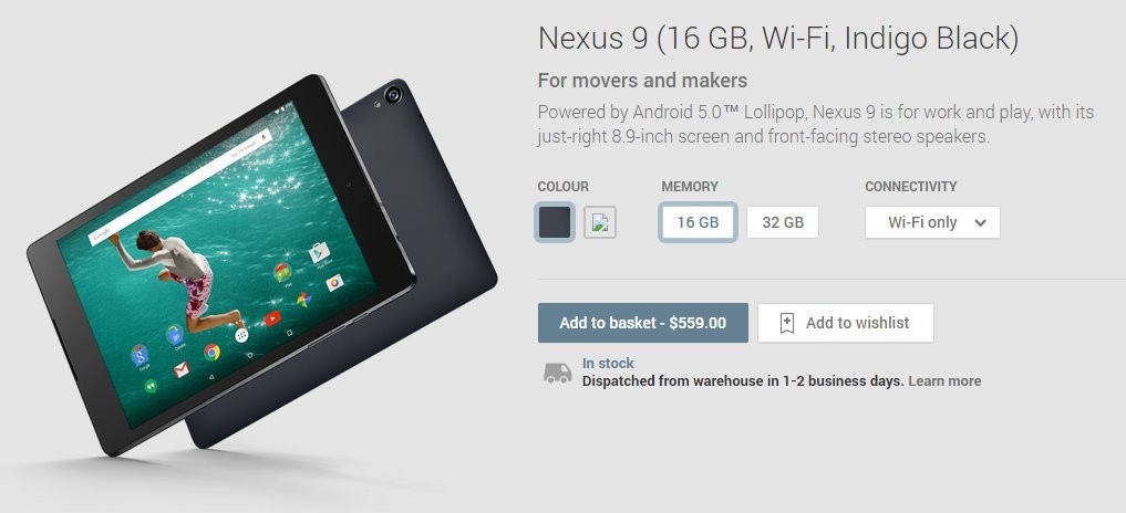 Google Nexus 9 on Play Store