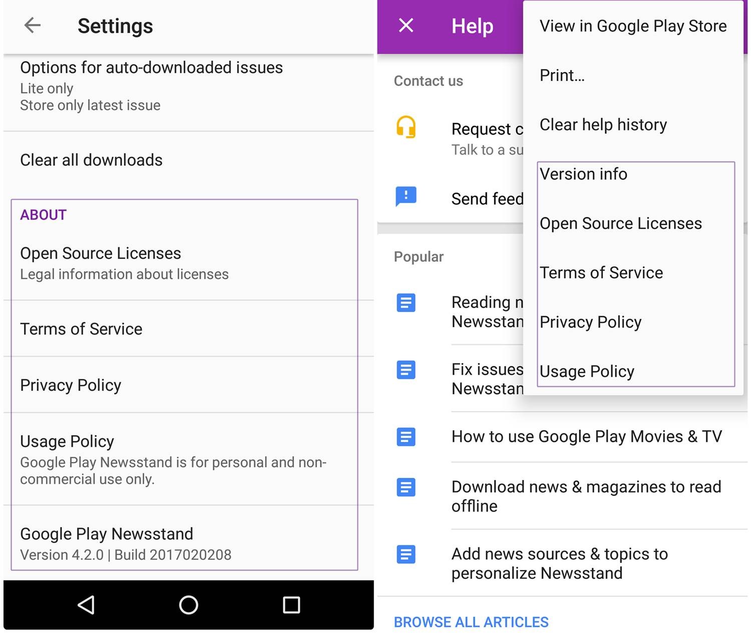 Google Play Kiosco reubica las opciones en Acerca de para Ayuda y comentarios