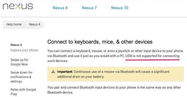 Google dice indirectamente que Nexus 4 no es compatible con USB OTG