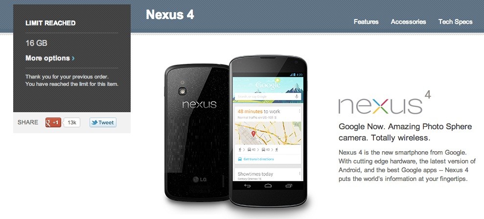 Google limita las compras de Nexus 4 a solo 2 unidades por cuenta