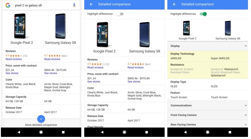 Google trae la comparación de teléfonos a su Búsqueda