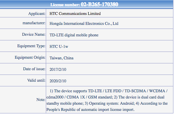 HTC U-1w aparece en Tenaa