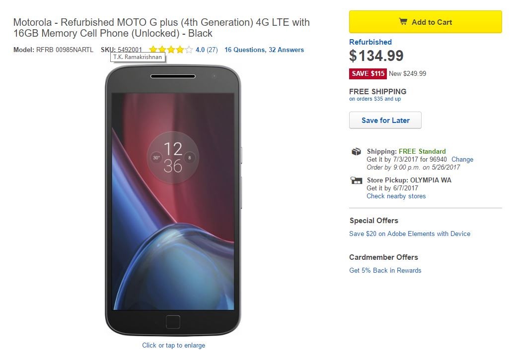 [Hot Deal] Moto G4 Plus reacondicionado a $ 135 en Best Buy
