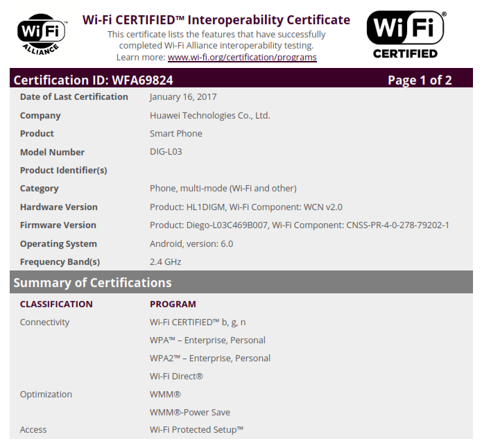 Huawei Enjoy 6S se lanzará muy pronto, obtiene certificación WiFi junto con ZTE Z836F