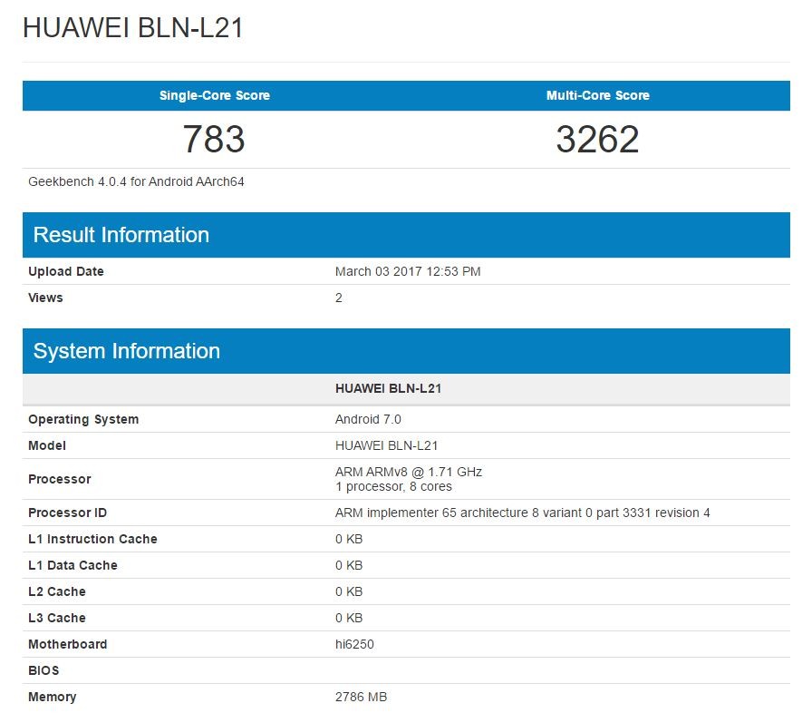 Huawei Honor 6X detectado ejecutando la actualización de Android 7.0 en Geekbench