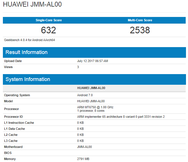 Huawei JMM-AL00 llega a Geekbench, cuenta con 3 GB de RAM, procesador MT6750 y Android Nougat