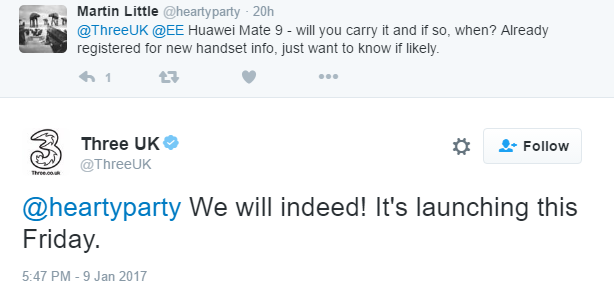 Huawei Mate 9 se lanzará en 3 UK el viernes 13 de enero