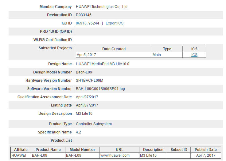Huawei MediaPad M3 Lite 10.0 certificado por Bluetooth SIG