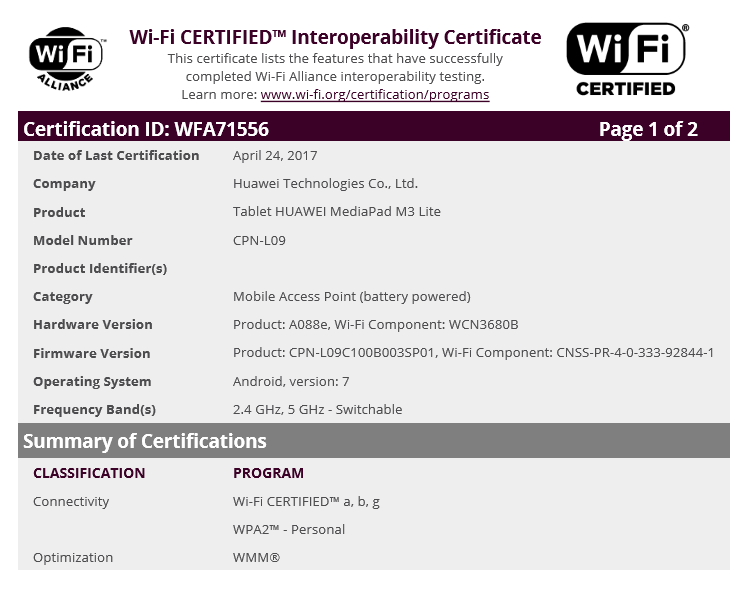 Huawei MediaPad M3 Lite certificado por WiFi Alliance