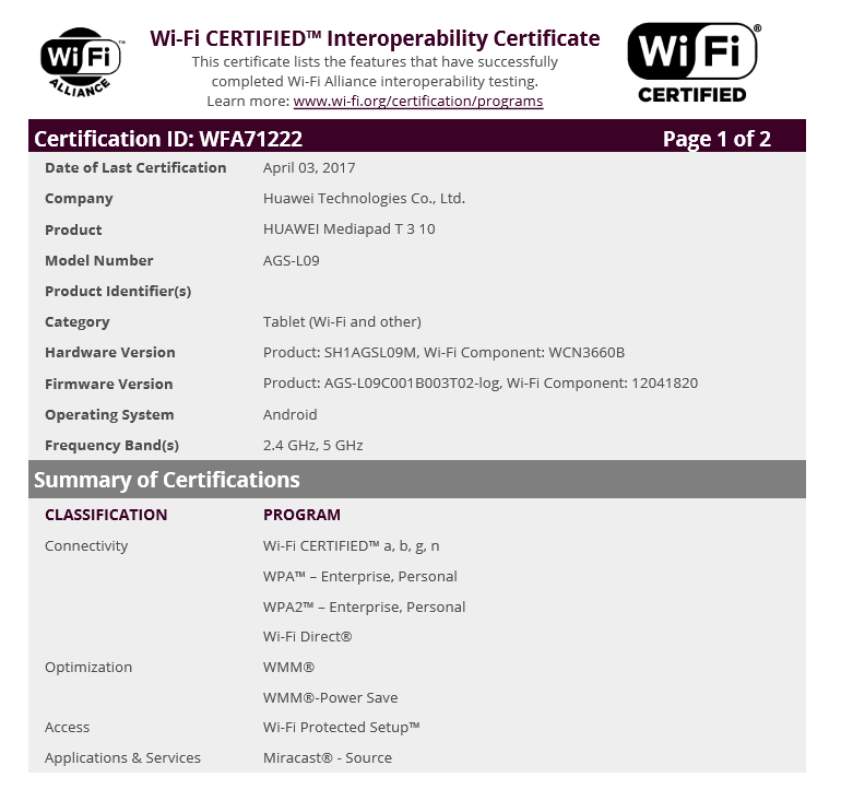Huawei MediaPad T3 de 10 pulgadas certificado por WiFi Alliance