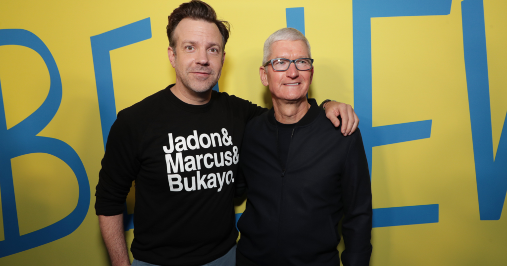 Jason Sudeikis and Tim Cook at the Ted Lasso season two premiere