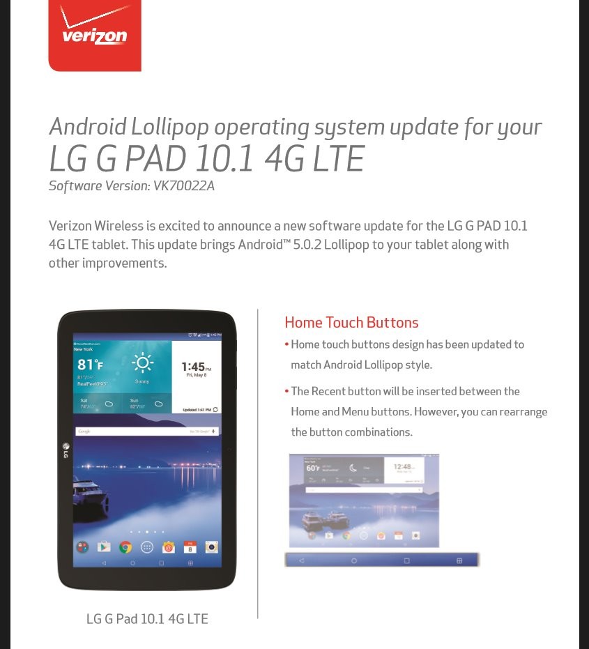 LG G Pad 10.1 LTE de Verizon recibe la actualización OTA de Android 5.0.2 Lollipop, versión de software VK70022A