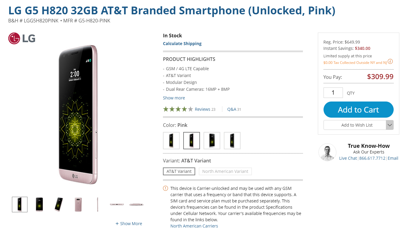 LG G5 desbloqueado (RS998) disponible por $330 y variante desbloqueada de AT&T disponible por $310 solo en B&H