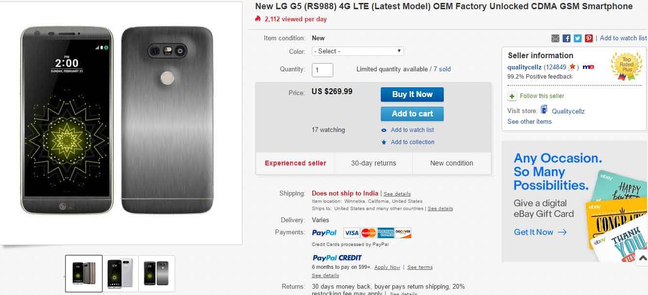 LG G5 desbloqueado disponible por solo $ 270 en eBay, consíguelo mientras dure