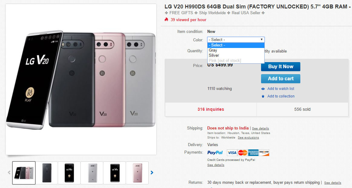 LG V20 64GB (desbloqueado) disponible por $450 en eBay