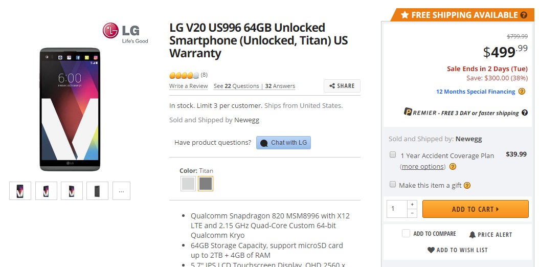 LG V20 disponible por $450 en Newegg, $350 de descuento sobre el precio regular